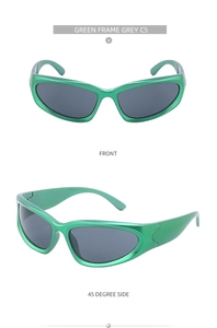 Green sports sunglasses with grey lenses shown from front and side angles