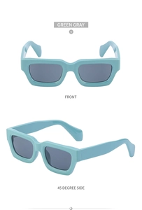Front and side view of steampunk rectangle sunglasses in green gray with thick frames