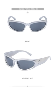 Front and side views of Y2K style silver wrap sunglasses with grey lenses