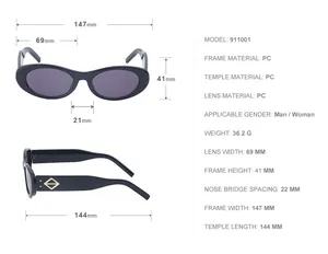 Tableau des tailles et spécifications détaillées des lunettes de soleil ovales en PC
