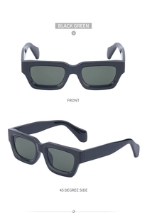 Macro view of retro rectangle black green sunglasses showing front and 45-degree side angles