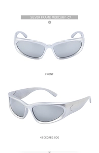 Front and 45-degree side views of silver frame sports sunglasses with mercury lenses
