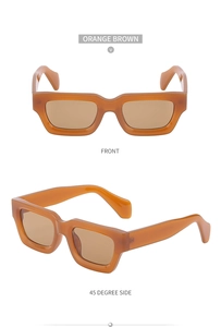Front and 45-degree side view of orange brown steampunk rectangular sunglasses frames