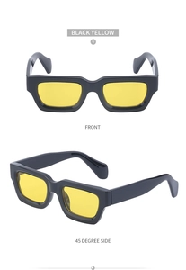 Steampunk rectangle black sunglasses with yellow lenses front and side view details