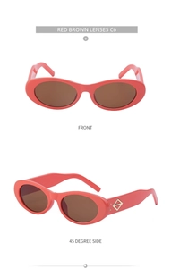 Vue de face et de profil de lunettes de soleil ovales rouges avec verres marron et dorés