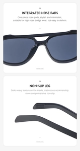Detail view of integrated nose pads and non-slip wave textured temples on black sunglasses