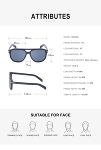 Detailed dimension guide for vintage double-bridge sunglasses showing PC frame specifications