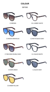 Macro display of oval pilot sunglasses frames in nine various color options and finishes