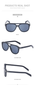 Detailed views of pilot sunglasses with black frame, gray lenses and silver arrow metal accent