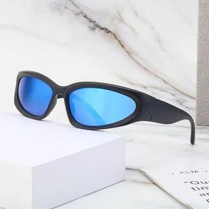 Sport cycling sunglasses with matte black frames and blue mirrored polarized lenses