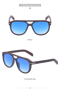 Retro double bridge sunglasses with wood grain brown frames and blue gradient lenses