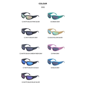 Nine stylish sports cycling sunglasses in various colors with UV protection frames