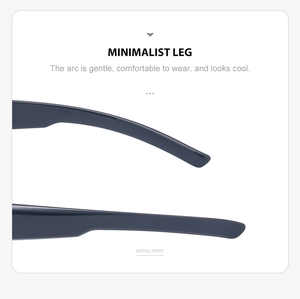 Détail des branches de lunettes de soleil minimalistes avec arc doux et fini bleu