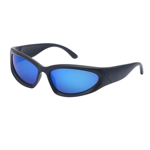 Black matte wraparound sports sunglasses with blue mirrored UV protection lenses