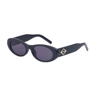Lunettes de soleil ovales noires rétro avec branches larges et accents métalliques dorés