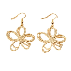 Elegant gold hollow flower earrings with hammered texture and hook design on white background