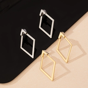 Minimalist double-layered geometric hollow diamond stud earrings in gold and silver