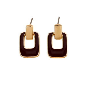 Elegant geometric hollow square enamel earrings in gold plating and dark drop oil finish