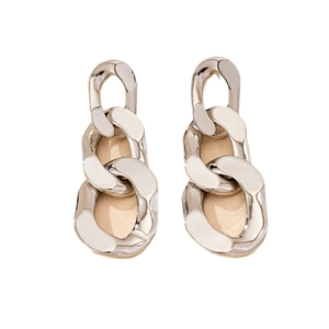 Silver chain dangle earrings with beige resin inlay and modern three-link design