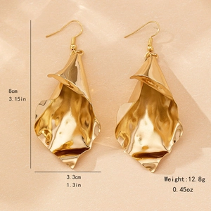Elegant gold hammered texture irregular leaf earrings with dimensions 8cm by 3.3cm