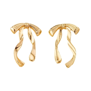 Elegant gold bow earrings with a fluid ribbon design on a clean white background