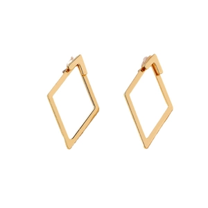 Minimalist double layer geometric hollow rhombus stud earrings in polished golden finish