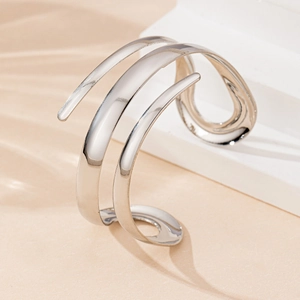 Elegant multi-layer spiral silver metal open cuff bracelet with polished mirror finish
