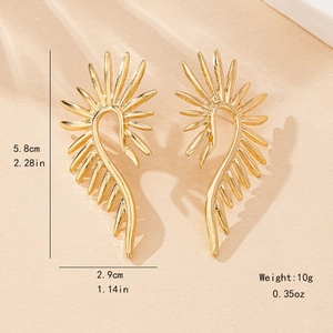 Golden sunburst wing stud earrings with minimalist curved lines in high-polished metal finish