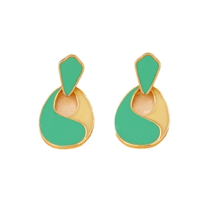 French vintage gold earrings with mint green and beige enamel teardrop pendants