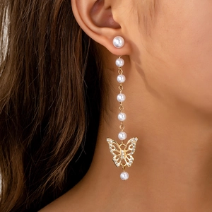 Alloy Kunstperle Schmetterling Quaste Ohrhänger Strass Eingelegt Lange Tropfen Schmuck Für Frauen Elegant Mode