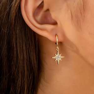 North Star Hoop Earrings Alloy Rhinestone Octagonal Star Pendant Gold Plated Dangle Elegant Fashion Jewelry For Women