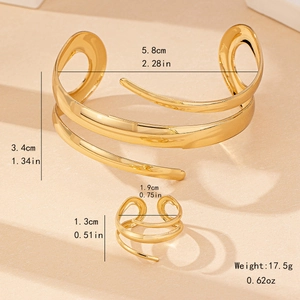 Golden hollow teardrop jewelry set with spiral cuff bracelet and matching ring dimensions