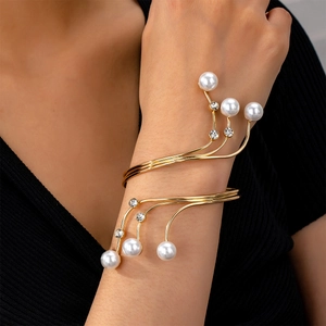 Elegant Multilayer Spiral Cuff Bracelet For Women Alloy Faux Artificial Pearl Rhinestone Irregular Geometric Open Arm Band Jewelry