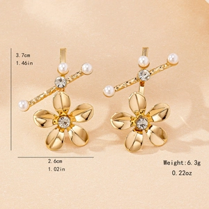 Elegante goldene Blumen-Perlenohrringe mit Kristallen für Damen, Größe 3,7x2,6 cm