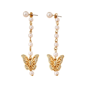 Elegante lange Perlenohrringe mit goldenem Schmetterlingsanhänger und glänzenden Strass