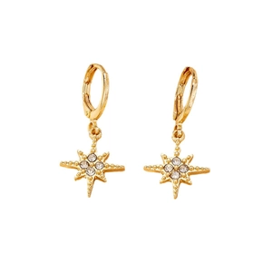 Elegant gold-plated hoop earrings with sparkling star pendants and zircons on white backdrop