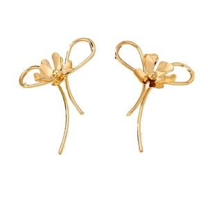 Elegant gold flower earrings with curved ribbon tassels for daily wear accessories