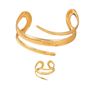 Minimalist gold hollow teardrop jewelry set with spiral ring and open bangle on white background