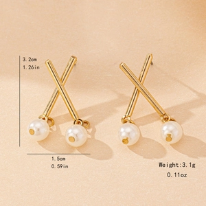 Elegant gold X-shaped stud earrings with double white pearls and precise size annotations