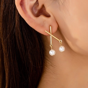 Elegant X-Shape Artificial Pearl Stud Earrings Gold Color Alloy Geometric Minimalist Fashion Jewelry For Women