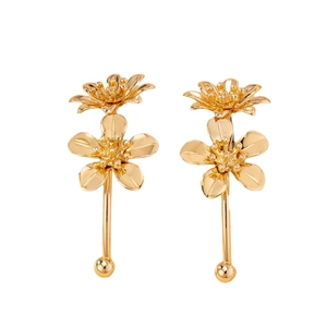 Elegant gold flower stud earrings with layered textured petals and drop beads for women