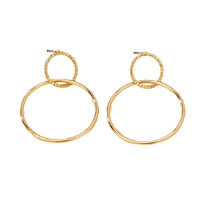 Elegant gold double geometric circle drop earrings with textured and polished finish