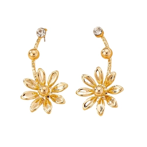 Elegant gold flower earrings featuring sparkling crystals and a curved hook design