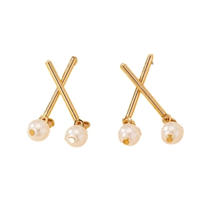 Elegant X-shaped gold stud earrings with white pearls in a minimalist geometric design