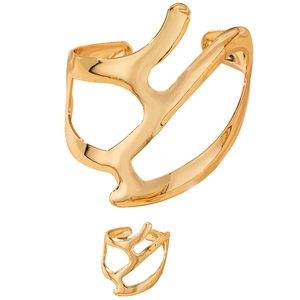 Irregular hollow open cuff bracelet and matching ring set in shiny gold finish