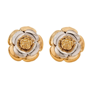 Élégantes boucles d'oreilles roses bicolores avec pétales en métal doré et argent