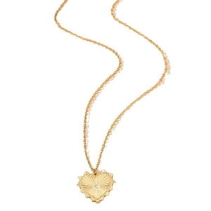 Elegant gold heart pendant necklace with sunburst texture and sparkling center crystal