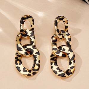 Macro shot of stylish leopard print chain earrings with a retro polished metal finish