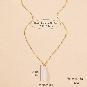Minimalist gold chain necklace with sleek pink teardrop pendant and size parameters
