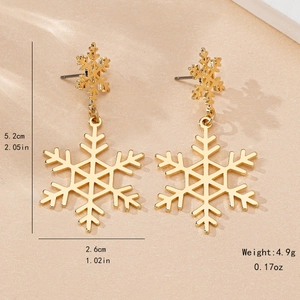 Elegant gold snowflake drop earrings with hollow design and product dimensions display